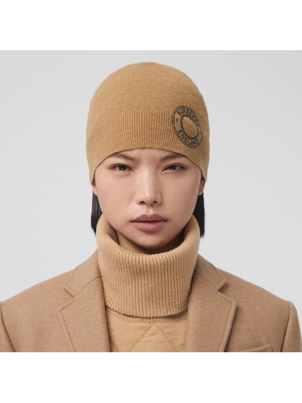 Burberry Tan Cashmere Beanie Hat with Logo Patch